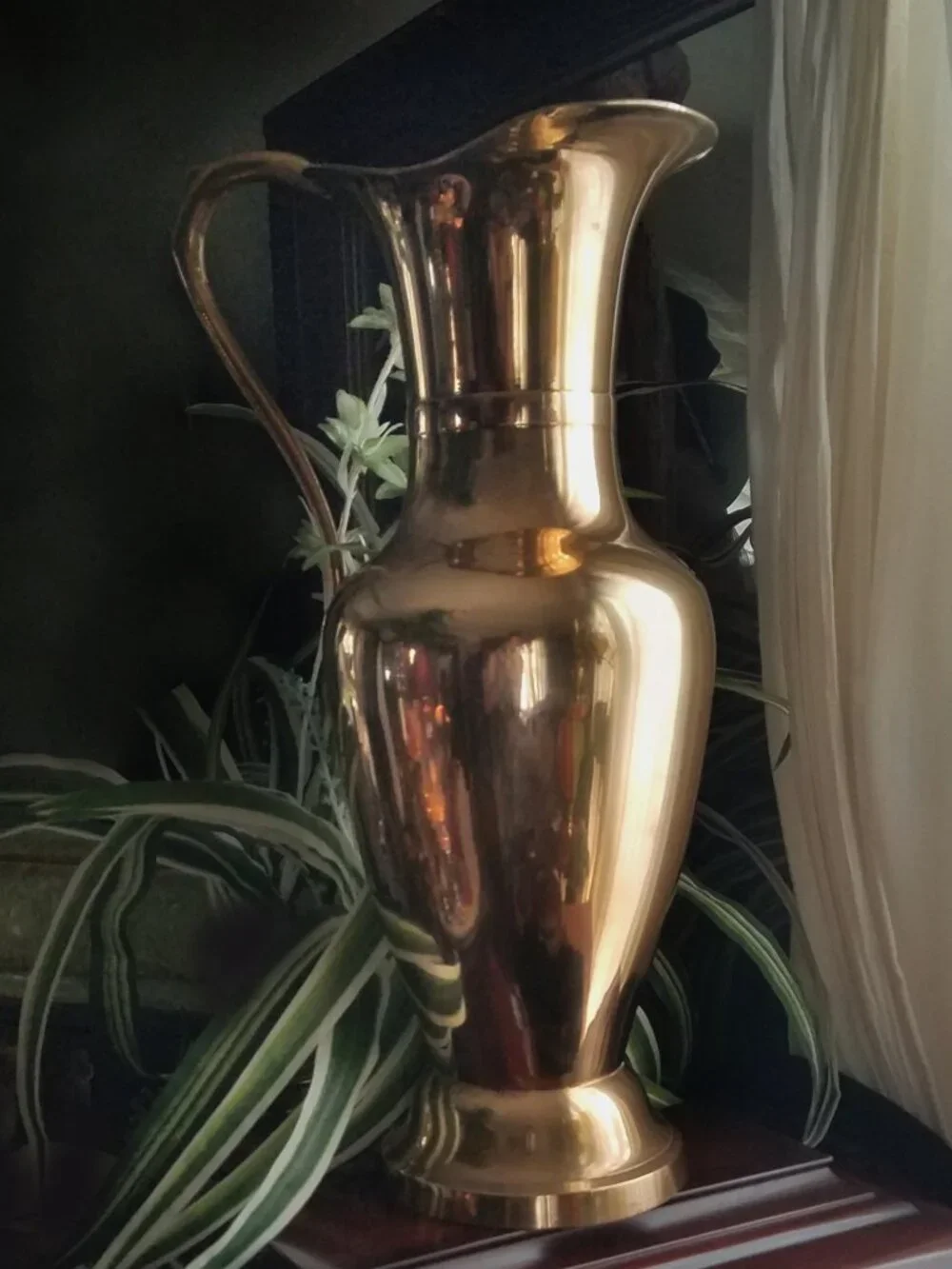 Large Handmade Polished Solid Brass Pedestal Pitcher Vase, Table or Floor, 15